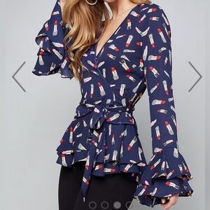 bebe Navy Lipstick Print Ruffle Blouse